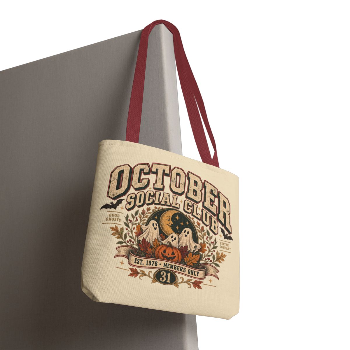 October Social Club Tote Bag | Vintage halloween ghosts, pumpkins, moon design