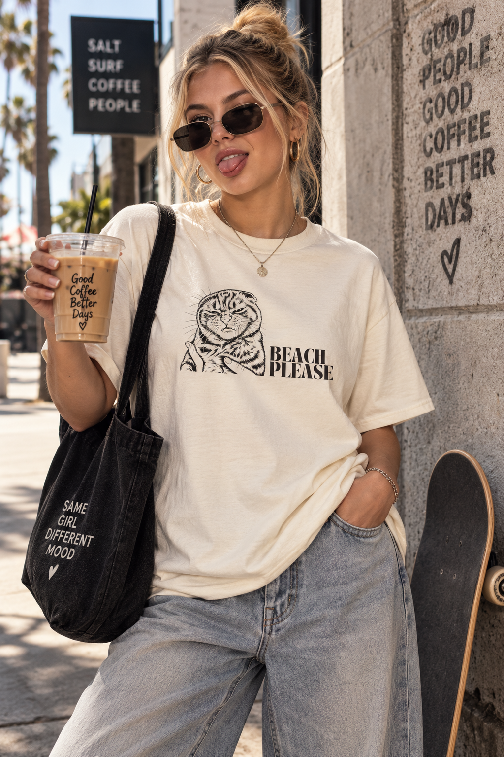 Beach Please T-Shirt - Funny Grumpy Cat Graphic Tee | Sassy Streetwear Cream T-Shirt