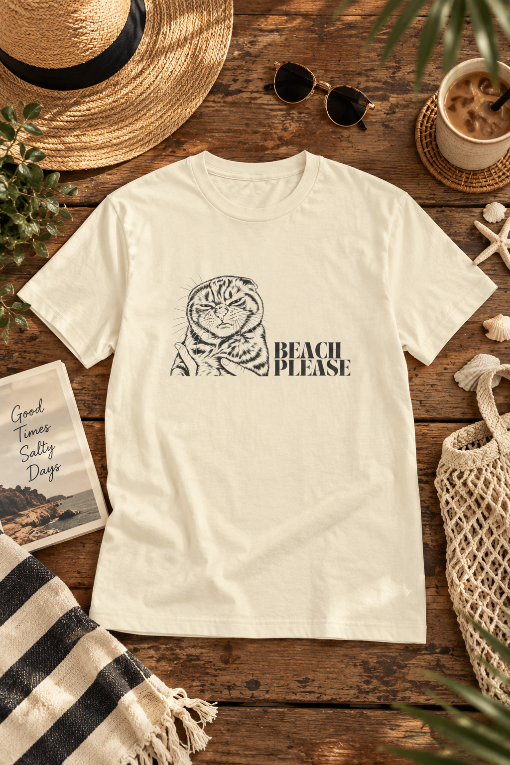 Beach Please T-Shirt - Funny Grumpy Cat Graphic Tee | Sassy Streetwear Cream T-Shirt