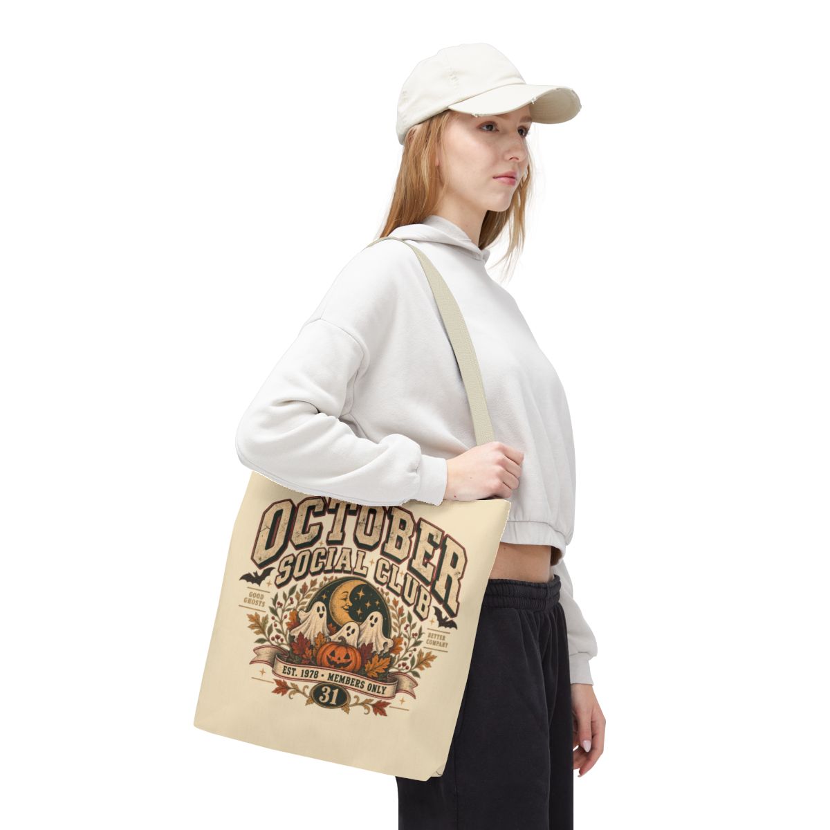 October Social Club Tote Bag | Vintage halloween ghosts, pumpkins, moon design