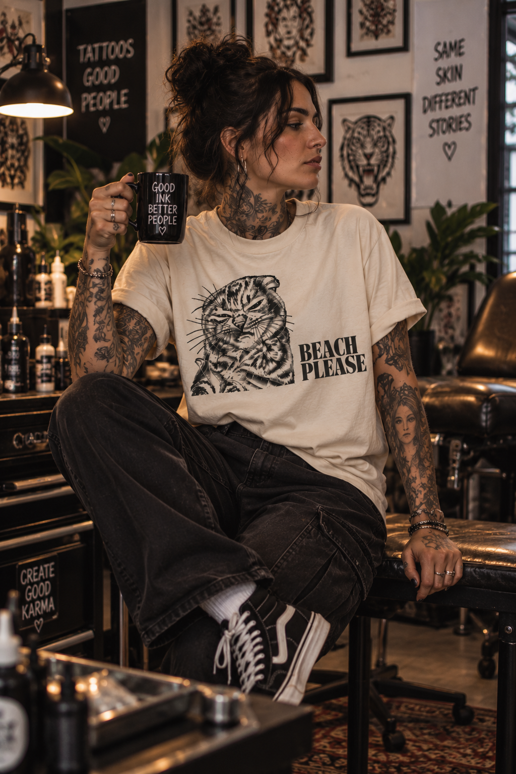 Beach Please T-Shirt - Funny Grumpy Cat Graphic Tee | Sassy Streetwear Cream T-Shirt