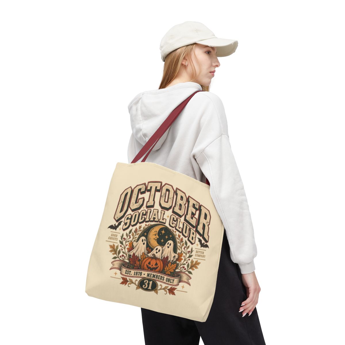 October Social Club Tote Bag | Vintage halloween ghosts, pumpkins, moon design