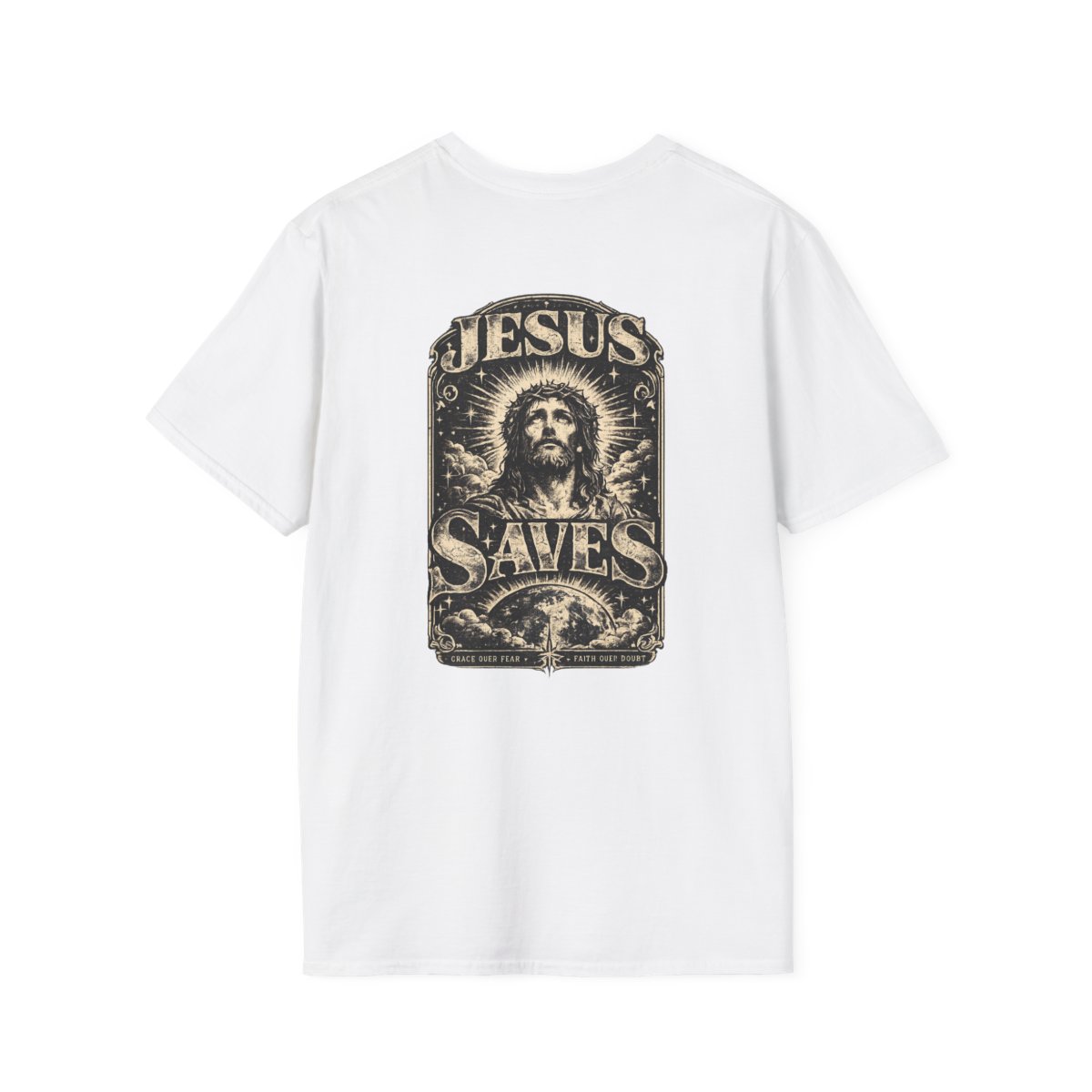Jesus Saves Christian T-Shirt, Vintage Faith Shirt, Saved By Grace Tee, Christian Streetwear, Jesus Graphic Shirt, Religious Gift — back