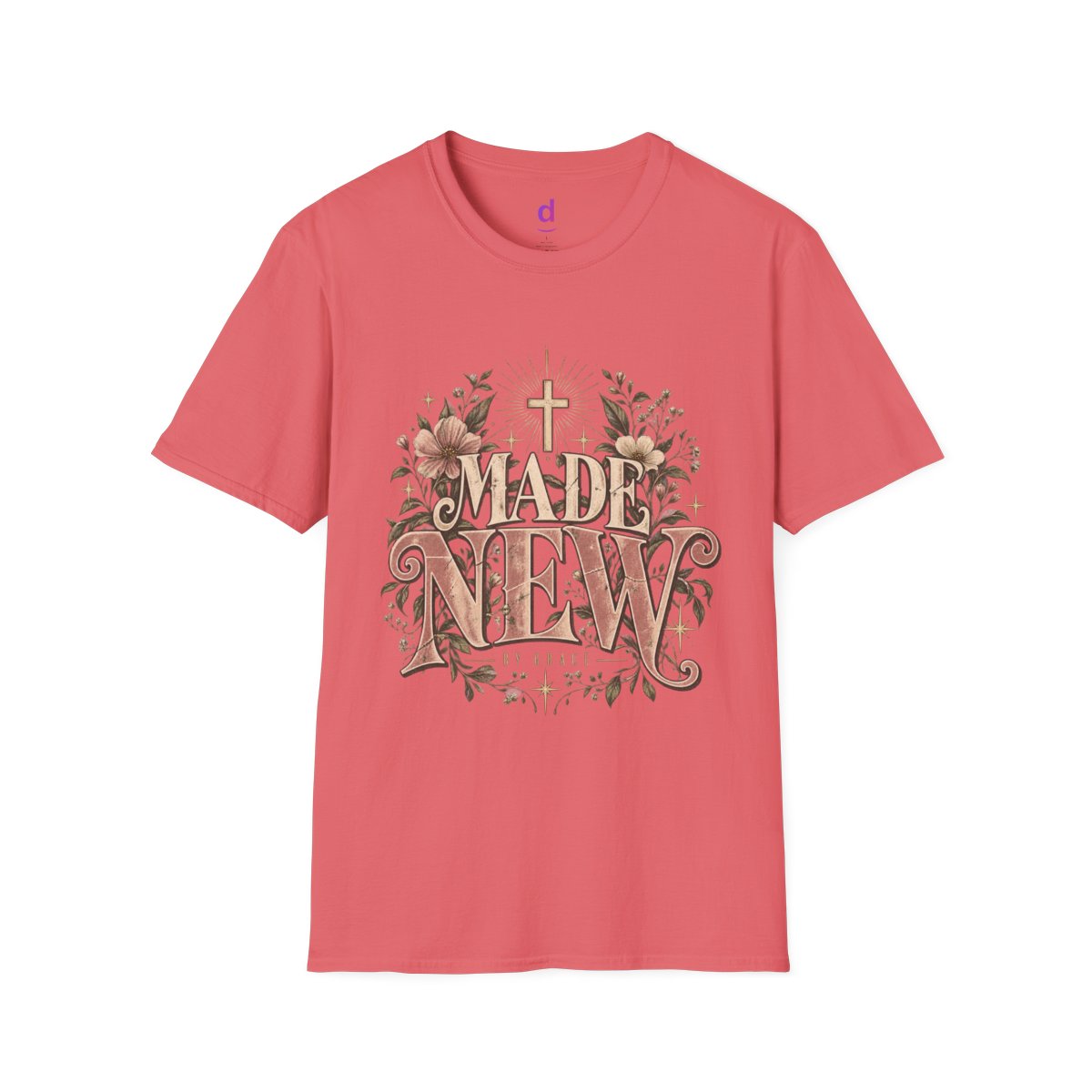 Made New Christian T-Shirt for Women | By Grace Vintage Floral Faith Shirt | Feminine Christian Streetwear | Christian Gift for Her — front