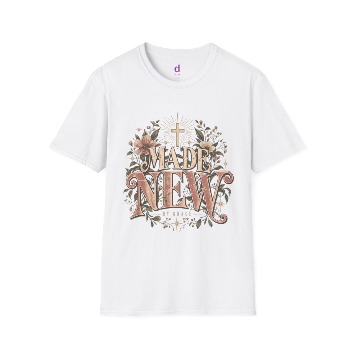 Made New Christian T-Shirt for Women | By Grace Vintage Floral Faith Shirt | Feminine Christian Streetwear | Christian Gift for Her — front