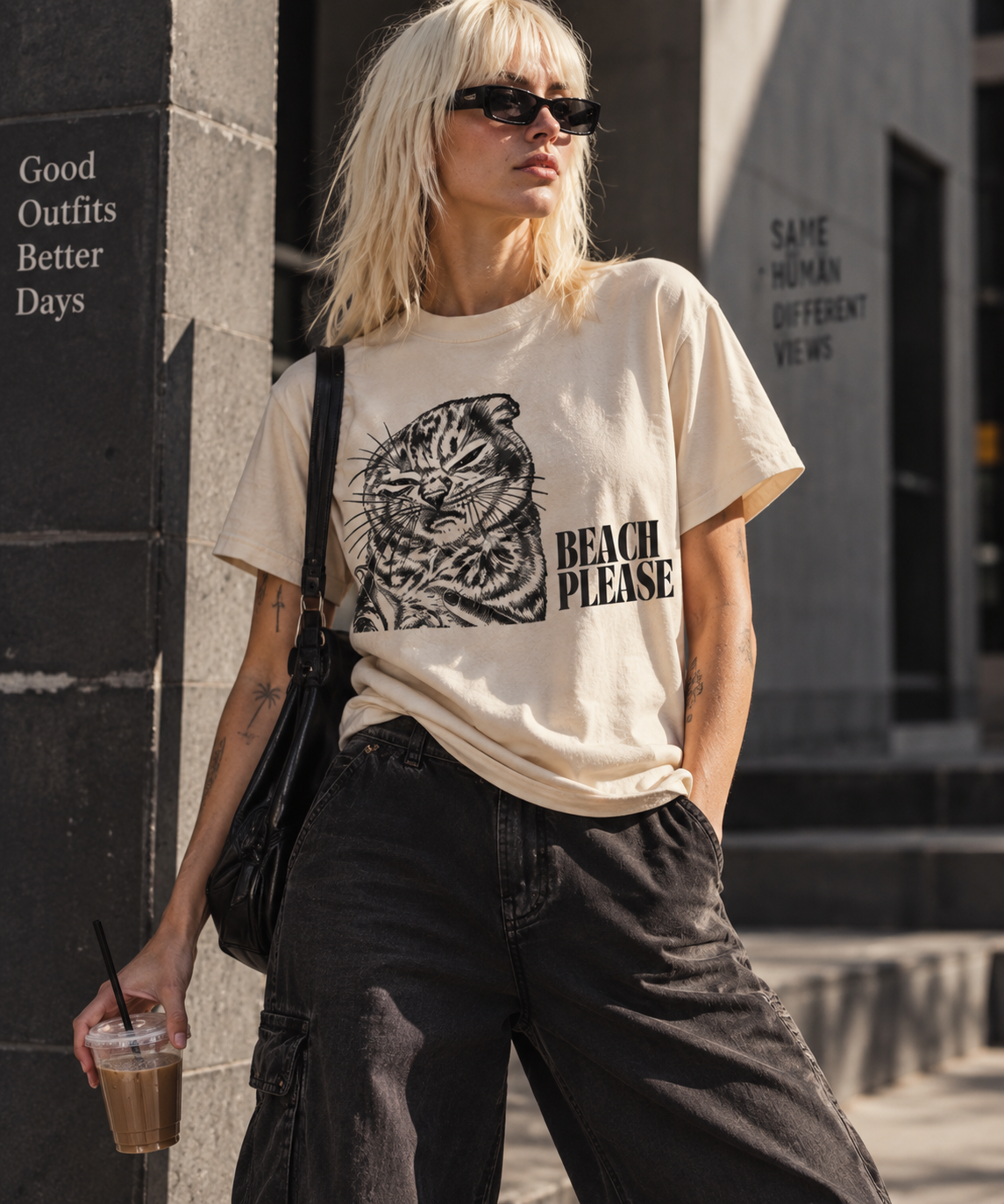Beach Please T-Shirt - Funny Grumpy Cat Graphic Tee | Sassy Streetwear Cream T-Shirt
