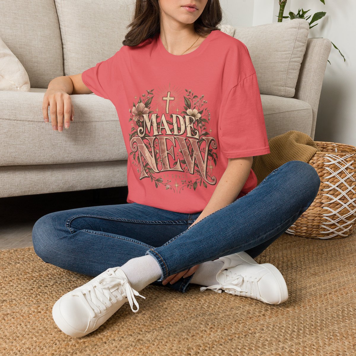 Made New Christian T-Shirt for Women | By Grace Vintage Floral Faith Shirt | Feminine Christian Streetwear | Christian Gift for Her